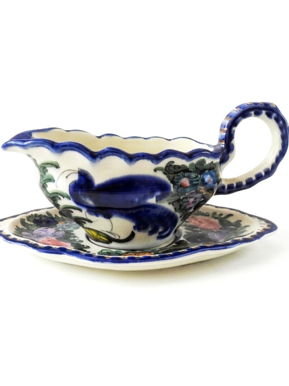 K. Nikolaou Greek Studio Pottery Gravy Boat & Tray Set Hand Painted Floral